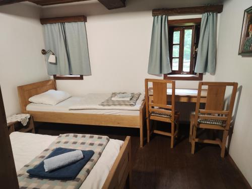 a room with two beds and a table and chairs at Pension Sava Turizam in Lonja