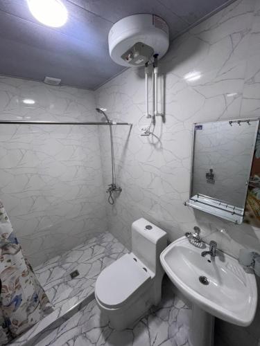 ein weißes Bad mit einem WC und einem Waschbecken in der Unterkunft Apartment 10 минут от Регистана in Samarkand