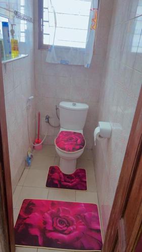 een badkamer met een toilet en rode tapijten op de vloer bij appartementmarcus in Cotonou