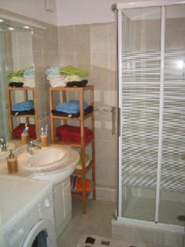 La salle de bains est pourvue d'une douche, d'un lavabo et d'une porte de douche en verre. dans l'établissement APARTAMENTO RESIDENCIAL LAGO SOUSTONS, à Soustons