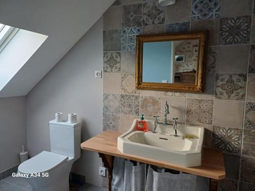 ein Bad mit einem Waschbecken und einem WC in der Unterkunft Les Chaumes Violettes in Cluis