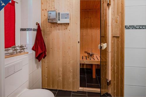 a bathroom with a shower with a sink and a toilet at Waldsiedlung Kontraste in Korswandt