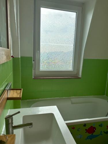 La salle de bains verte est pourvue d'un lavabo et d'une fenêtre. dans l'établissement Appartement Alsace Porte des Vosges, à Cernay