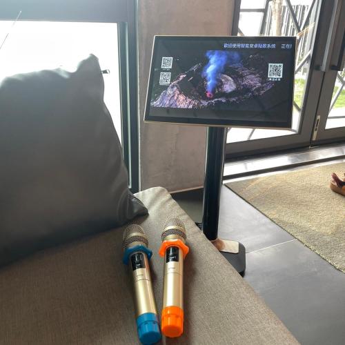 two pens sitting on a couch with a tv at 遇見 雲山居 in Fuli