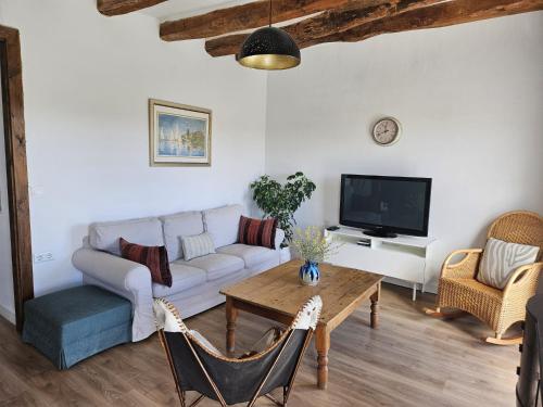 a living room with a couch and a table at River Ebro Apartments in Móra d'Ebre