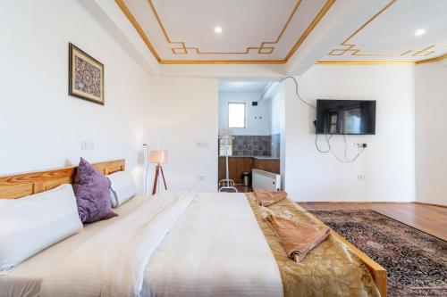a bedroom with a large bed and a tv at Adu's Eternal Comfort in Leh