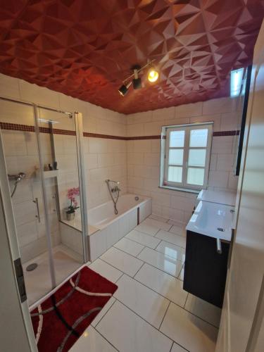 een badkamer met een bad, een douche en een wastafel bij Ferienhaus del Pueblo in Bechtsrieth