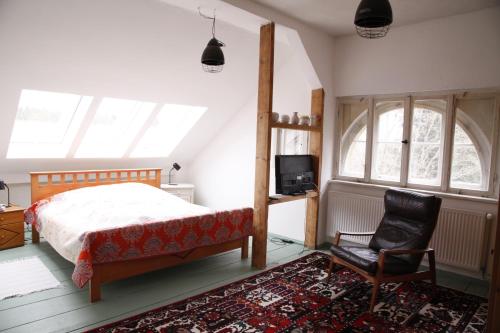 1 dormitorio con 1 cama, 1 silla y TV en Grüne Villa, en Bad Brambach