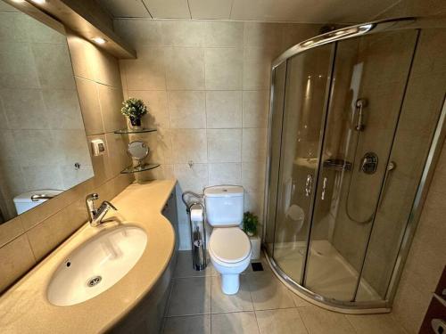 a bathroom with a shower and a toilet and a sink at Elegant 1 Bedroom Oasis Marina in Herzelia 