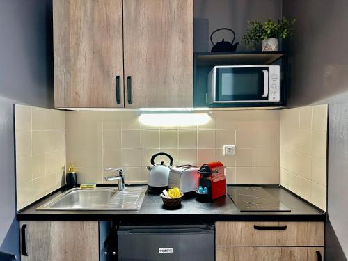 eine Küche mit einer Spüle und einer Mikrowelle in der Unterkunft Studio très calme - DABNB in Limoges