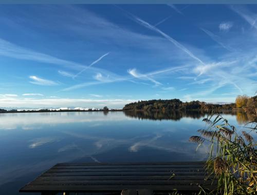 Elle offre une vue sur un lac avec un quai en bois. dans l'établissement Ferienwohnung am See mit Alpenblick, à Überlingen