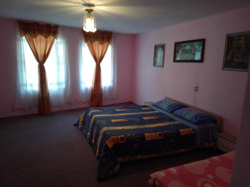 a bedroom with two beds and two windows at Casa la tara Lucia in Eibenthal