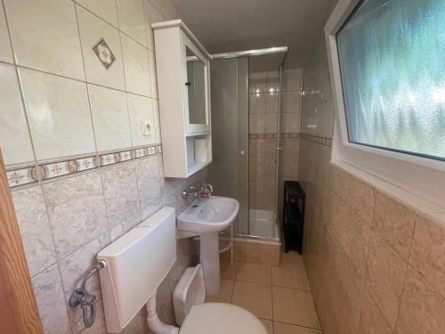 małą łazienkę z toaletą i umywalką w obiekcie Domki przy promenadzie - Kameralny w Charzykowach