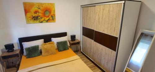 ein Zimmer mit einem Bett und einem Spiegel in der Unterkunft Apartmani Radivojević 2 in Sokobanja