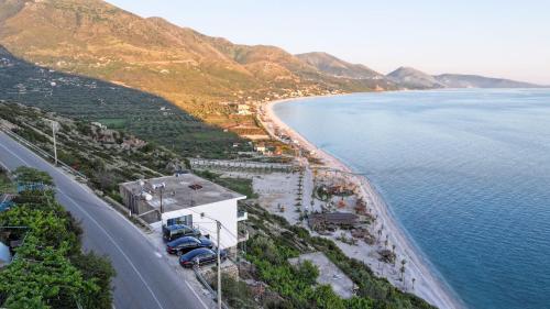an aerial view of a beach and a road at Vila Bana in Qeparo