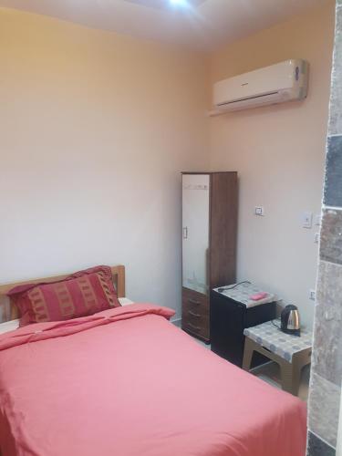 開羅的住宿－Andy Guest House，一间卧室配有红色的床和床头柜