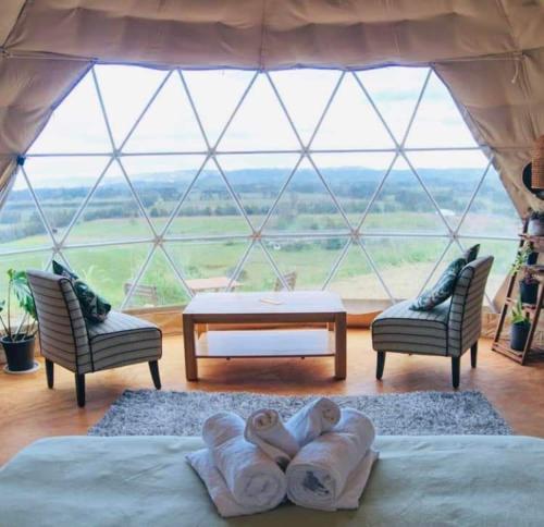 Habitación con 2 camas y ventana grande. en Waipu Off-grid Eco Geodesic Glamping Dome en Waipu