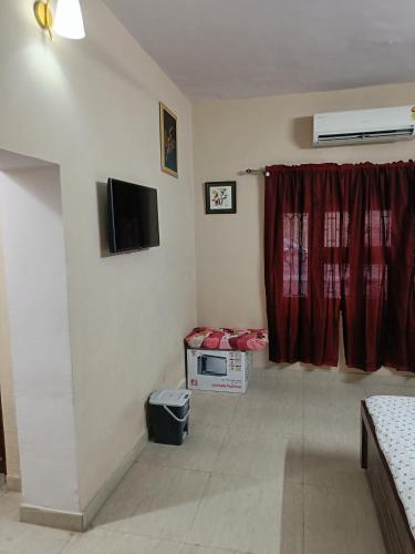 uma sala de estar com uma televisão na parede em Div's luxurious homestay em Jaipur