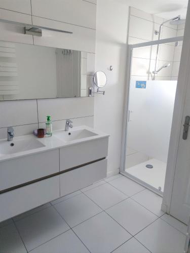 une salle de bain blanche avec une douche et un lavabo dans l'établissement Agréable Maison, toute équipée, proche du lac d'Arjuzanx, à Morcenx