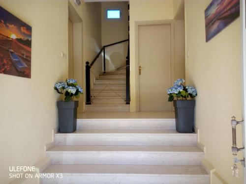 a hallway with two potted plants on the stairs at Venice Apartments in Limenaria