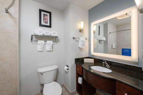 ein Badezimmer mit einem WC, einem Waschbecken und einem Spiegel in der Unterkunft Homewood Suites by Hilton Boston/Andover in Andover