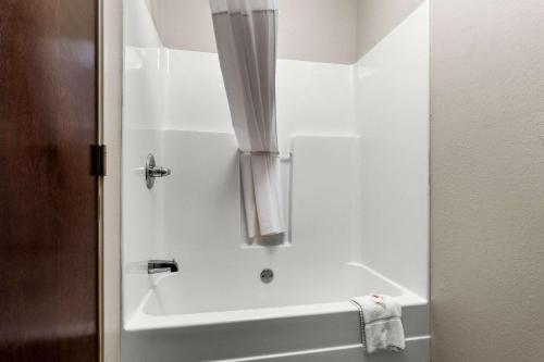 a white bath tub with a shower curtain in a bathroom at Comfort Inn East in Evansville
