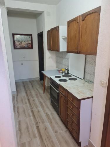 a kitchen with a stove and a counter top at Sonce Guest House in Ohrid