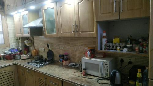 uma cozinha com um balcão e um micro-ondas em SUNSHINE RESIDENCY,LAJPAT NAGAR em Nova Deli