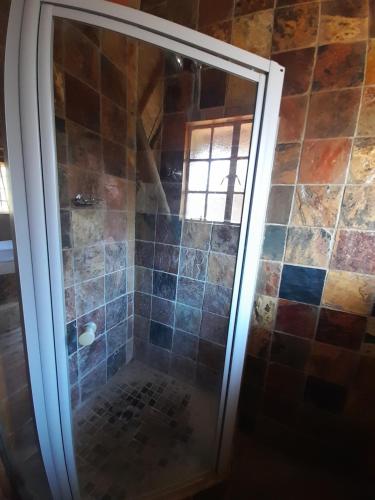 a shower with a glass door in a bathroom at Liphofung Cave, Chalets in Butha-Buthe