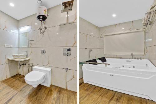 2 Bilder eines Badezimmers mit einer Badewanne und einem WC in der Unterkunft Hotel Park Seven Near Delhi International Airport in Neu-Delhi
