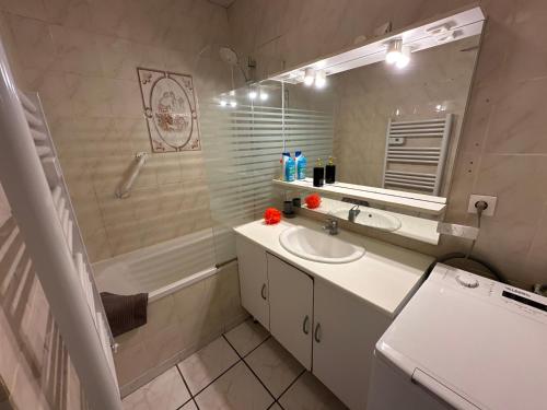 une salle de bain avec un lavabo, une douche et un miroir dans l'établissement Spacieuse maison avec garage 5 mins valenciennes, à Anzin