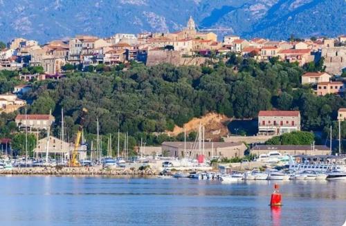 un port de plaisance avec des bateaux dans l'eau et une ville dans l'établissement Studio avec jardin privatif, à Porto-Vecchio