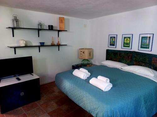 Un dormitorio con una cama azul con toallas. en B&B La Risorgiva, en Fivizzano