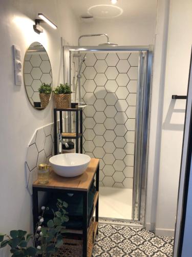 un baño con lavabo y espejo en Au Dessus De Chez Nous, en Doulezon