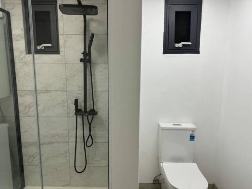 a bathroom with a shower and a toilet at 1BR Apartment - Walk to City (1 Queen Bed) in Hobart