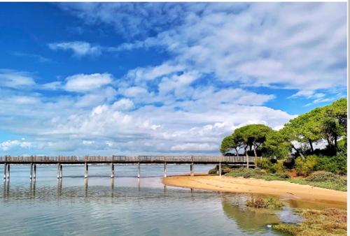 eine Brücke über das Wasser neben einem Strand in der Unterkunft Piso vacacional 7 minutos Cadiz in El Trocadero