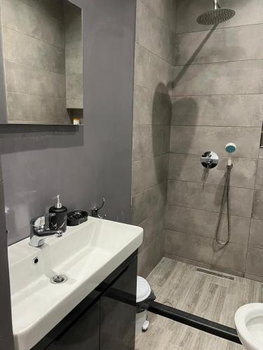 ドゥラスにあるHotel Ergiの洗面台とシャワー付きのバスルーム