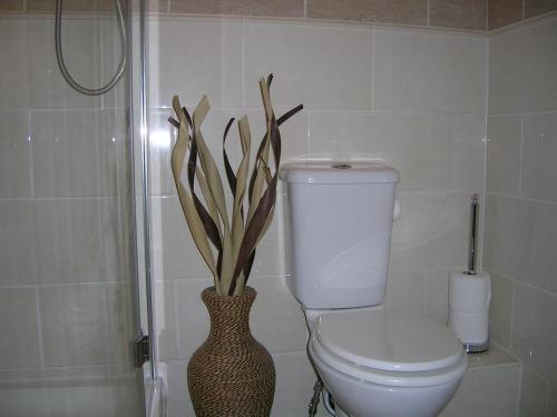 a bathroom with a toilet and a vase with a plant at The Post House in Ibstock