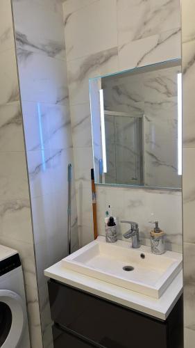 une salle de bain avec un lavabo et un miroir dans l'établissement Appartement neuf courbevoie Defense love A11, à Courbevoie