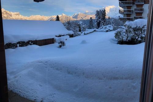 une cour couverte de neige avec des montagnes en arrière-plan dans l'établissement La marmotte: Vue Mont Blanc, terrasse, parking, à Combloux