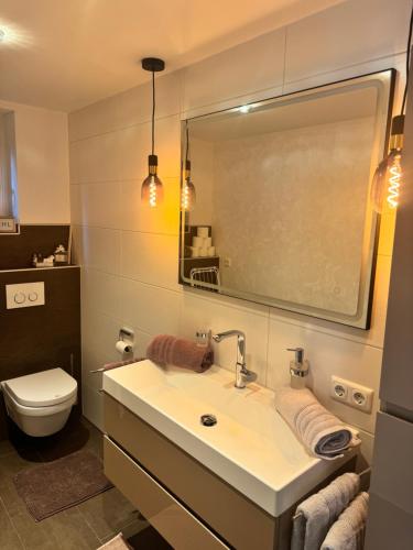 uma casa de banho com um lavatório, um WC e um espelho. em Haus Ilmer em Neustift im Stubaital