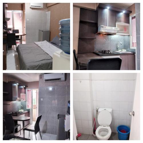un collage de cuatro fotos de una cocina y un baño en Apartemen Kalibata City by MatajiFamily en Yakarta