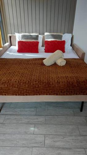 a bed with red and white pillows on it at Quiet and cozy cunuco guesthouse in Savaneta in Savaneta