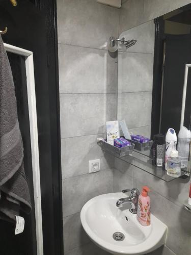 La salle de bains est pourvue d'un lavabo et d'un miroir. dans l'établissement Apartman Tomic, à Brčko