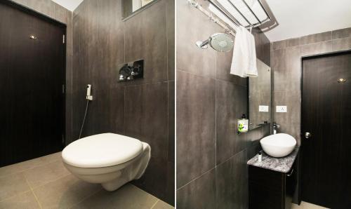 two pictures of a bathroom with a toilet and a shower at Treebo Excella in Visakhapatnam