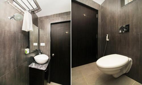 two pictures of a bathroom with a toilet and a sink at Treebo Excella in Visakhapatnam