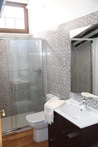 y baño con aseo, lavabo y ducha. en CASA RURAL SANCHO en Artajona