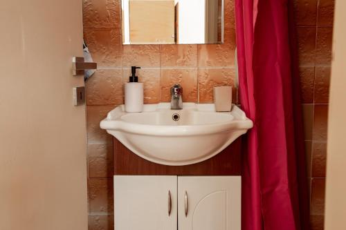 a bathroom with a sink and a red shower curtain at Nefeli Rooms in Agia Marina Nea Kydonias