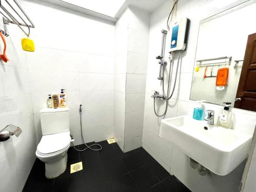 La salle de bains est pourvue de toilettes blanches et d'un lavabo. dans l'établissement Convenient Rare house in central city, à Singapour