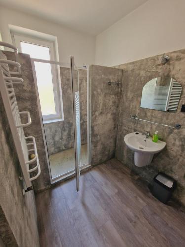 a bathroom with a shower and a sink at Wrzosowe Love in Raciąż